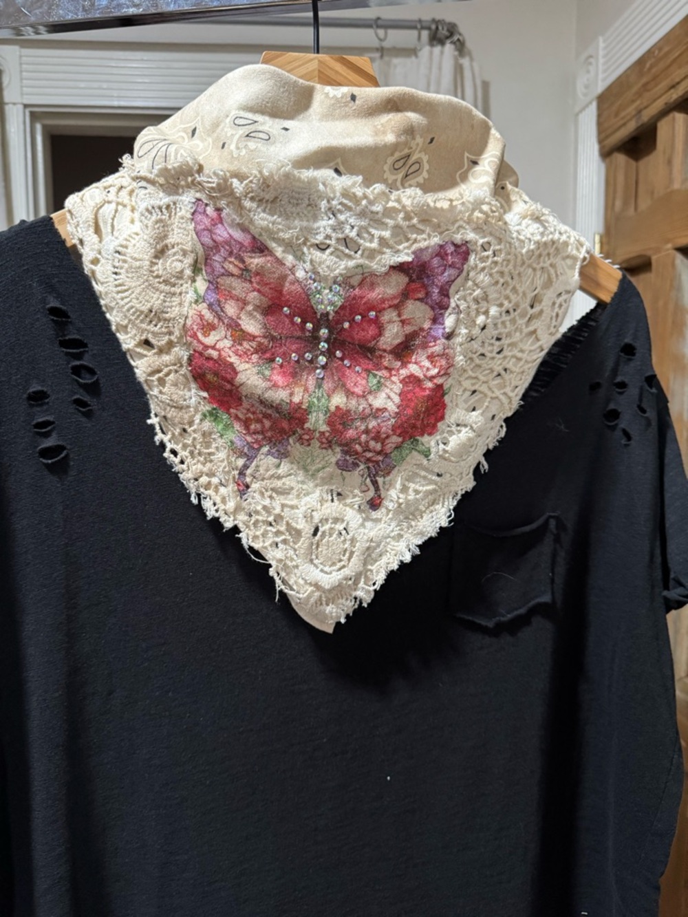 Cream Lace Bandana Scarf with Pink Butterfly Floral Accent
